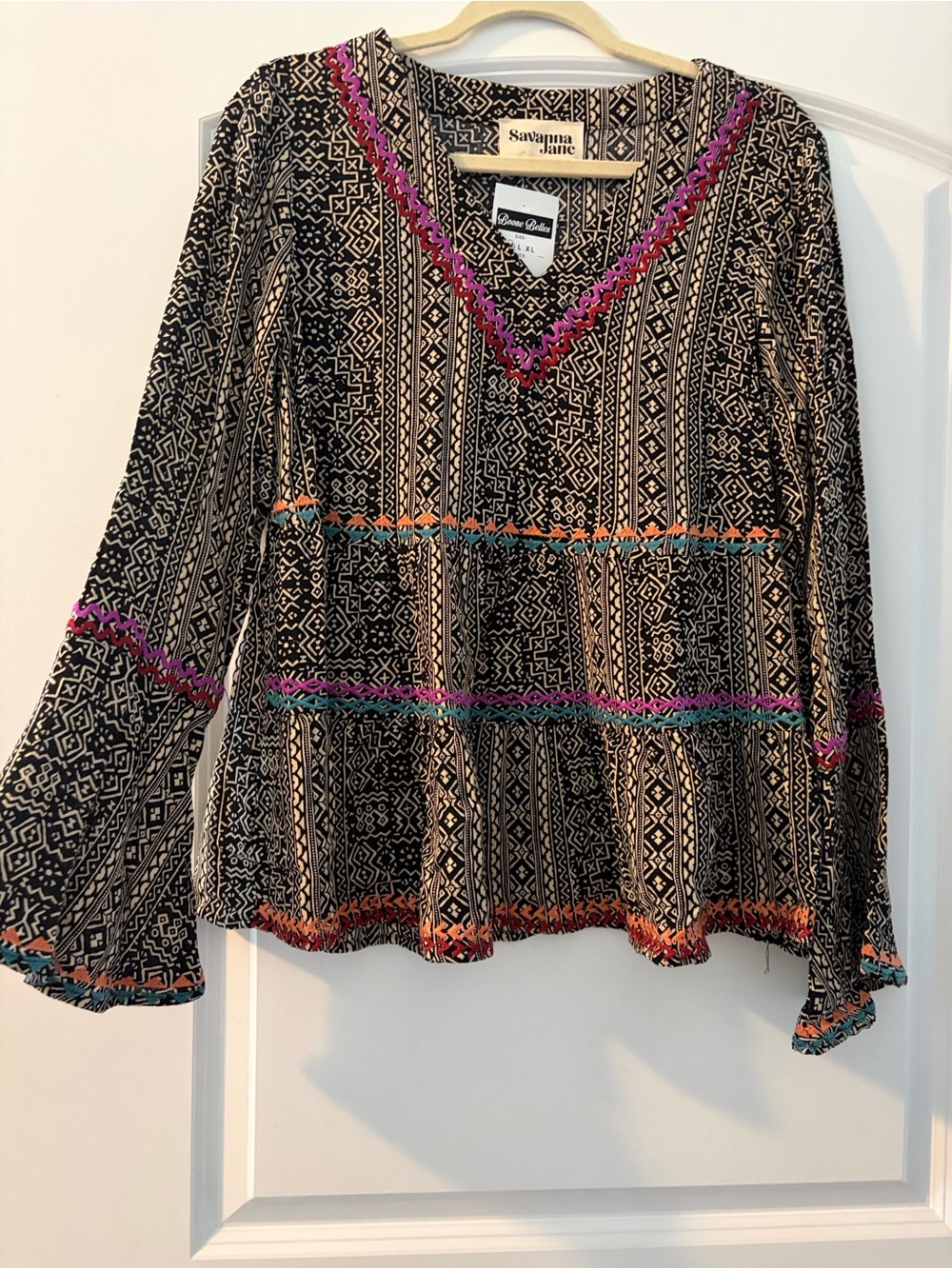 Savanna Jane Black Patterned V-Neck Tunic with Pink and Teal Trim